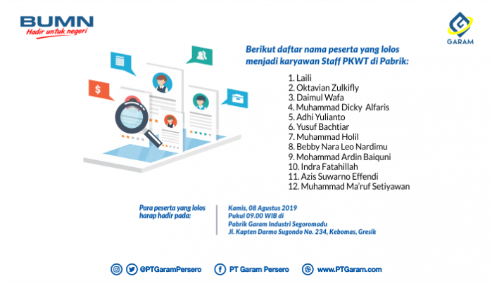 Pengumuman Peserta Lolos Menjadi Karyawan Staff PKWT Pabrik Garam Industri